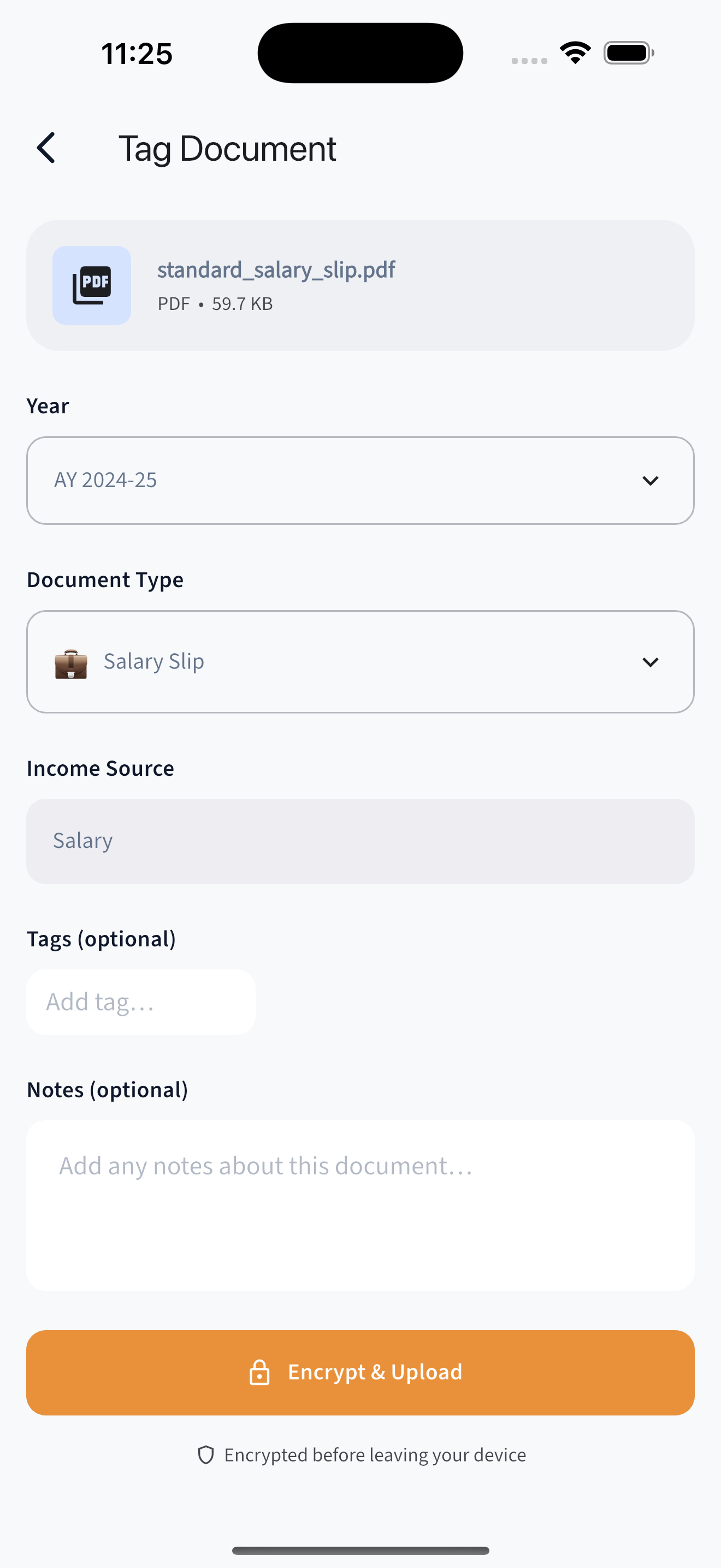 KarSafe app — tag and encrypt a document before upload, choosing assessment year and document type